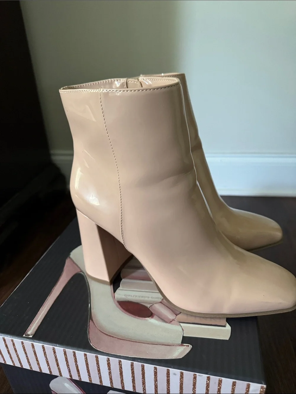 Jennifer Lopez Nude Patent Ankle Boots with Side Zip